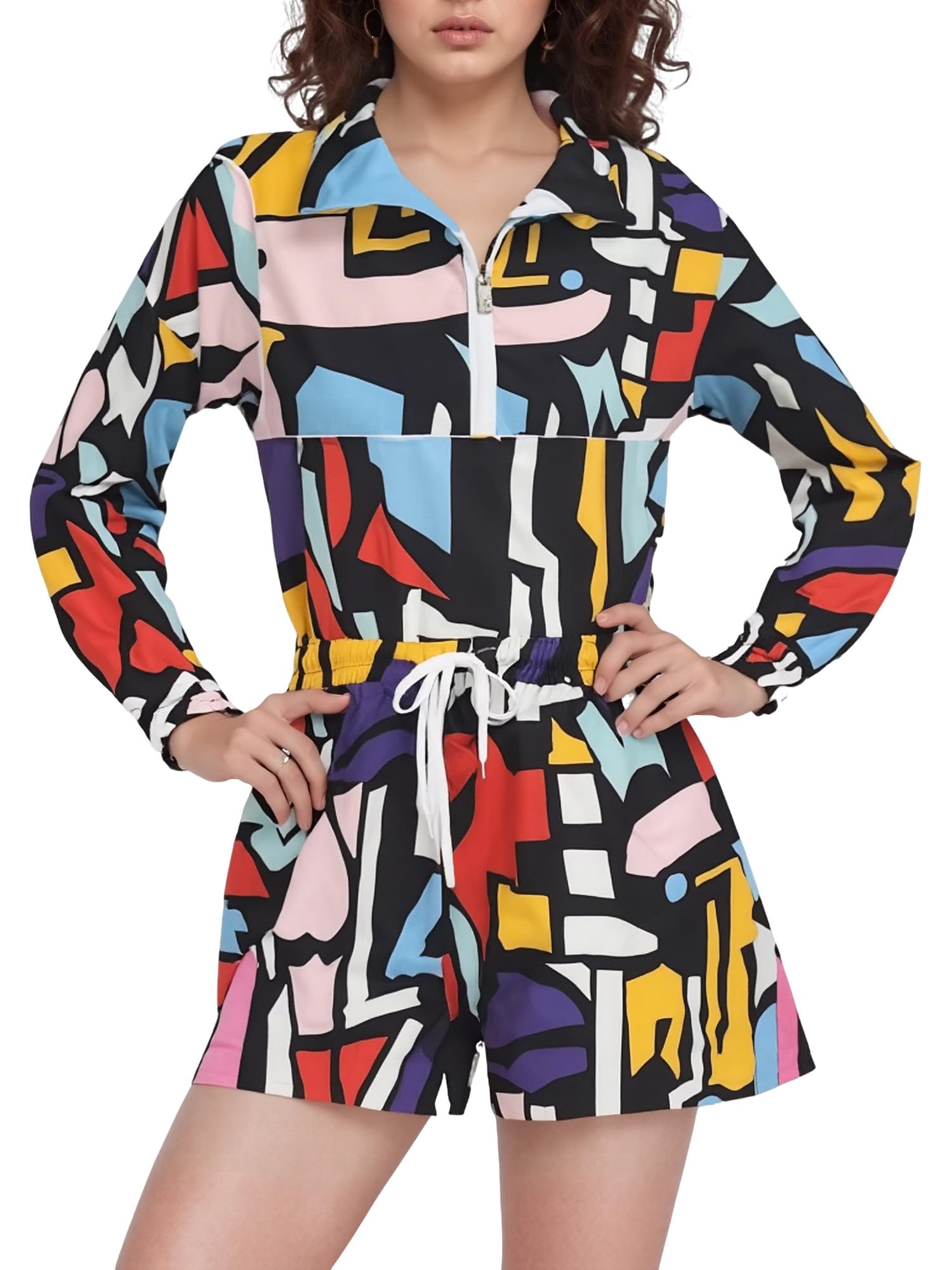 Bealin Womens 80s 90s Color Block Tracksuit 2 Piece Windbreaker Shorts M