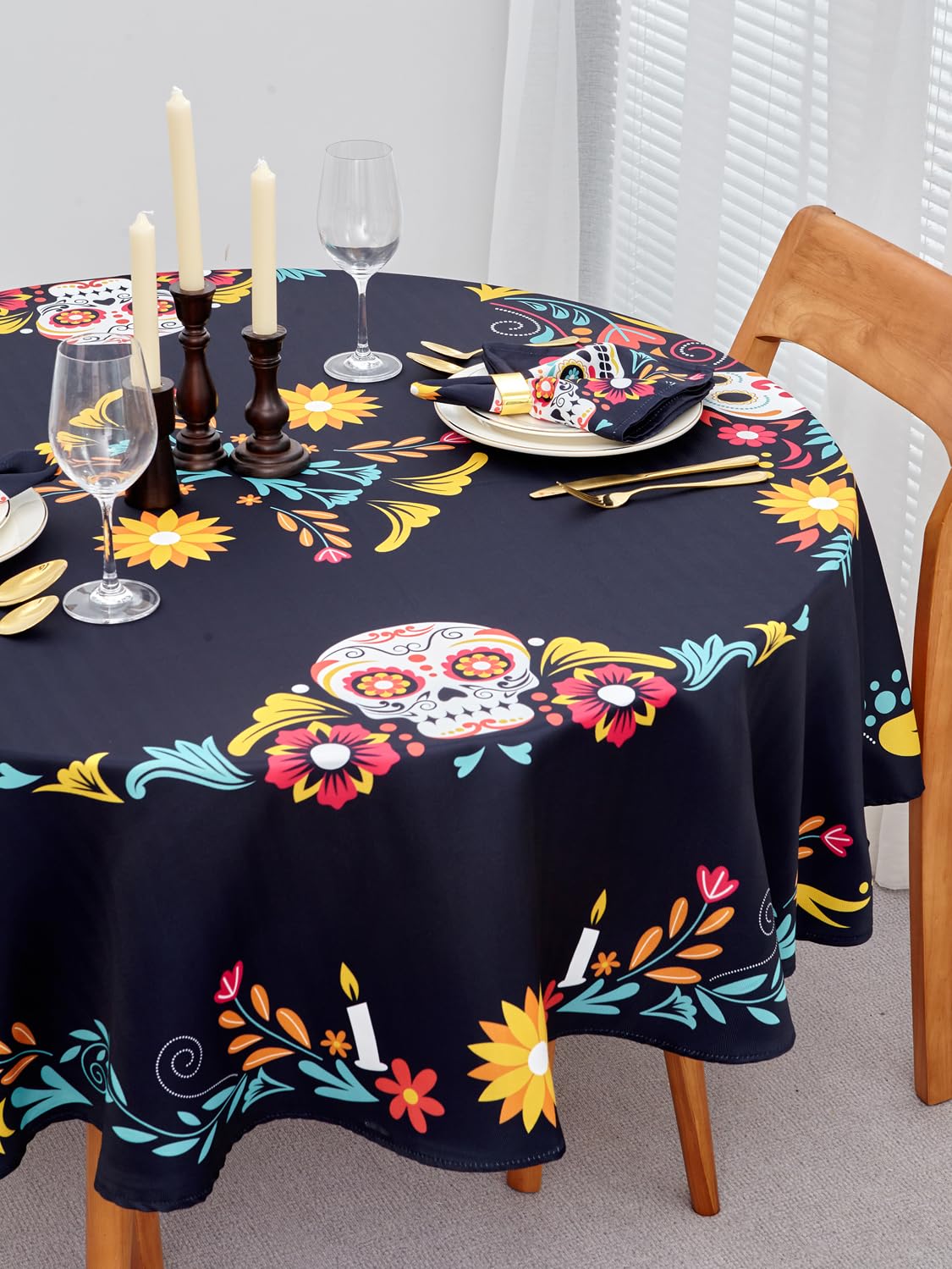 YiHomer Day of The Dead Table Runner Floral Skeleton Mask 14x72
