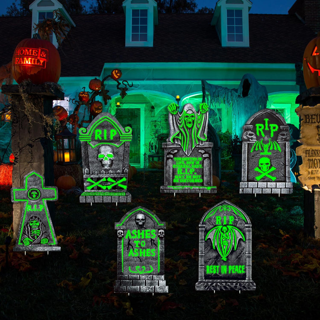 CiniQy Halloween Tombstones 6 Pack Light Up 16.5x11.5" Waterproof Outdoor Decor