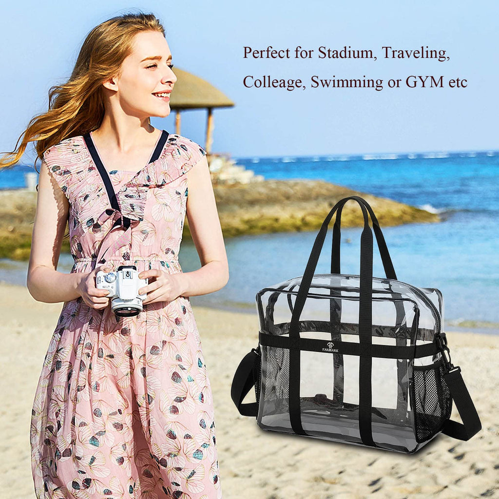FARMARK Clear Tote Bag Stadium Approved Heavy Duty Crossbody Black Large