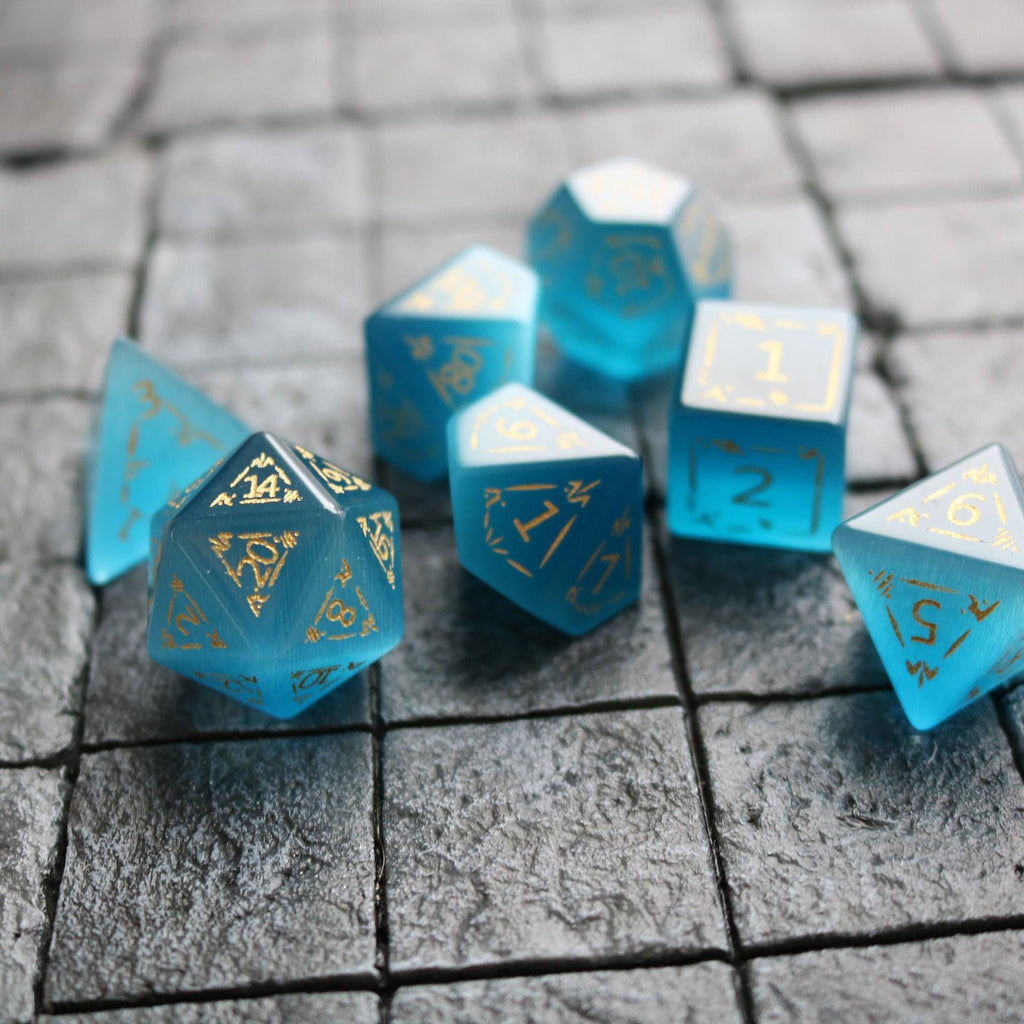 Dragon Shield Blue Cats Eye Stone Gemstone DND Dice Set