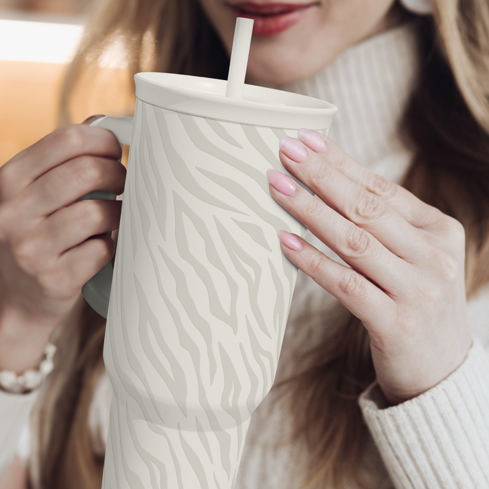 Zebra Skin 40oz Slider Tumbler with Handle and Straw - Insulated Stainless Steel Travel Coffee Mug for Women Girls, Gift for Birthday, Christmas