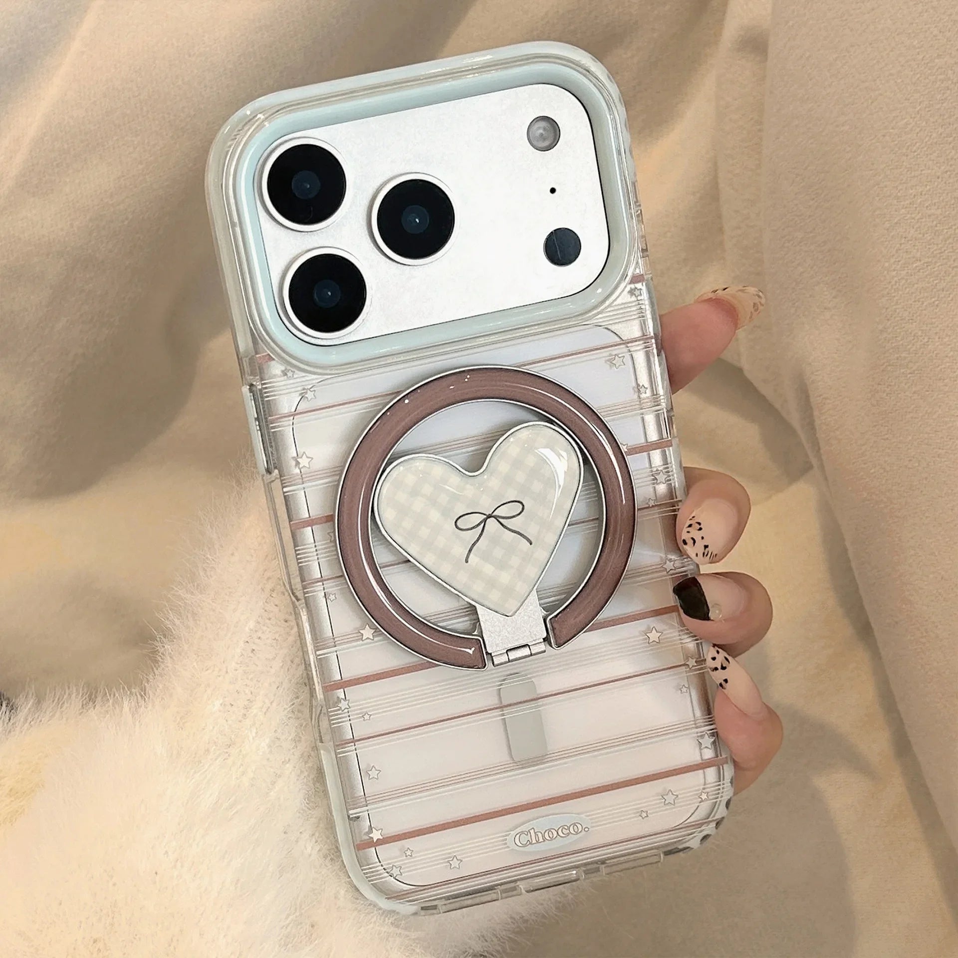 Korean Striped Stars Fold Love Heart Bow Bracket Magnetic Phone Case For iPhone