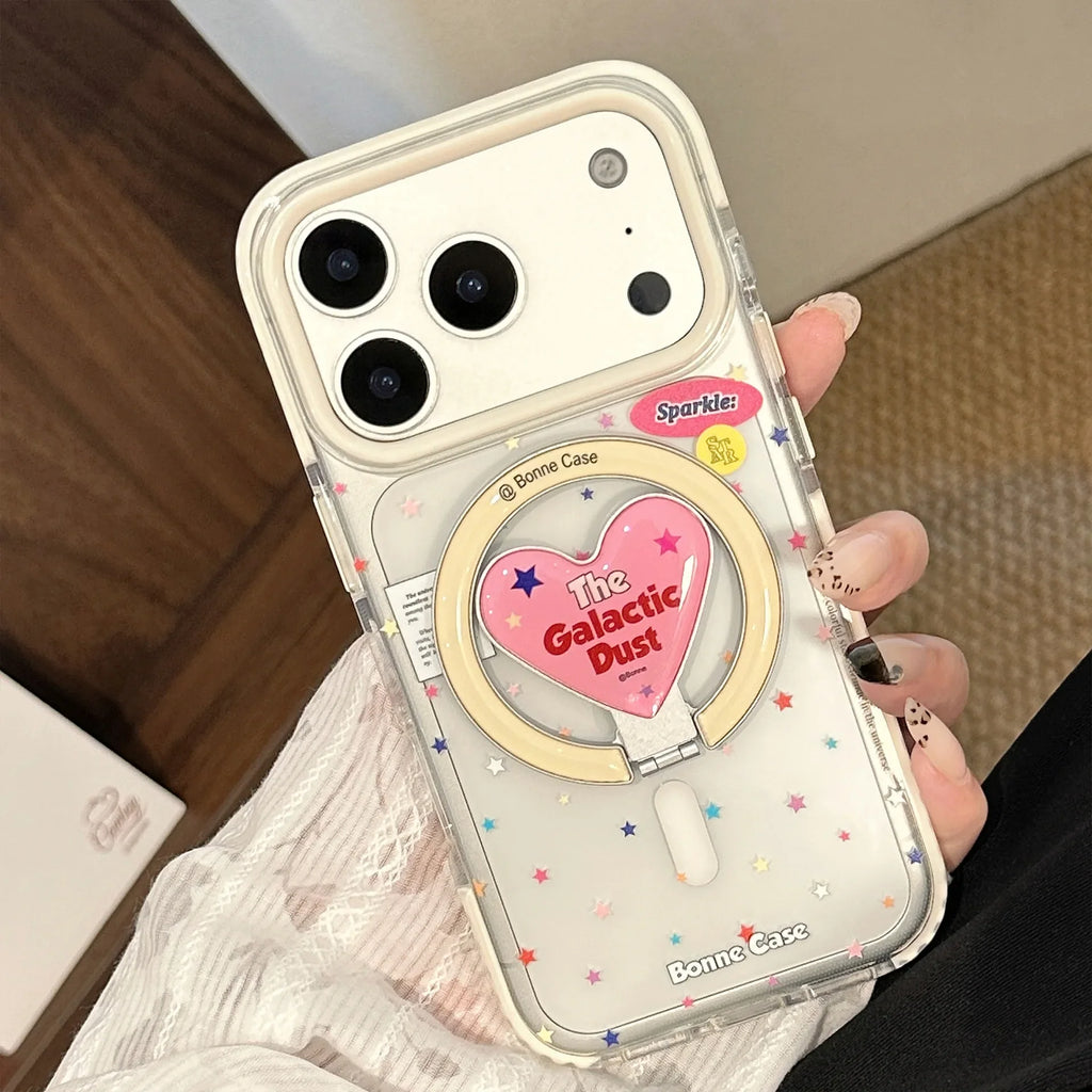 Korean Colorful Stars With Love Heart Bracket Magnetic Phone Case For iPhone