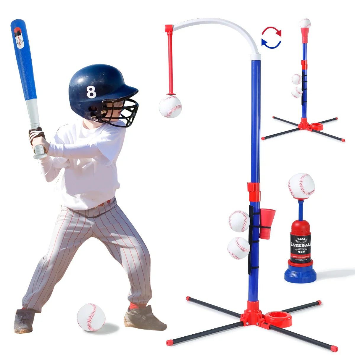 3-in-1 Adjustable Height Kids Baseball Set with Auto Launcher