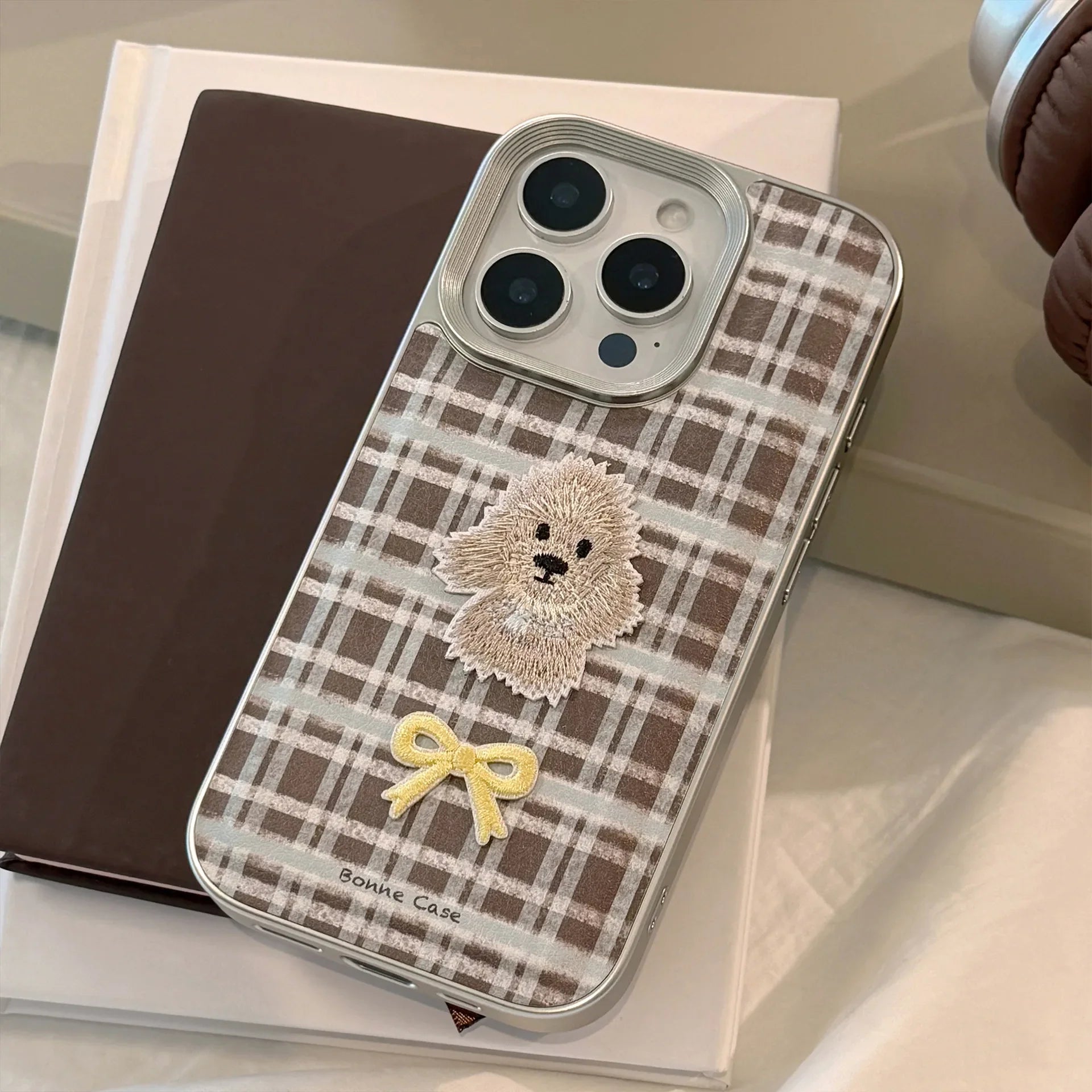 Korean Plaid Cartoon Puppy Bowknot Embroideried Silver Border Phone Case For iPhone