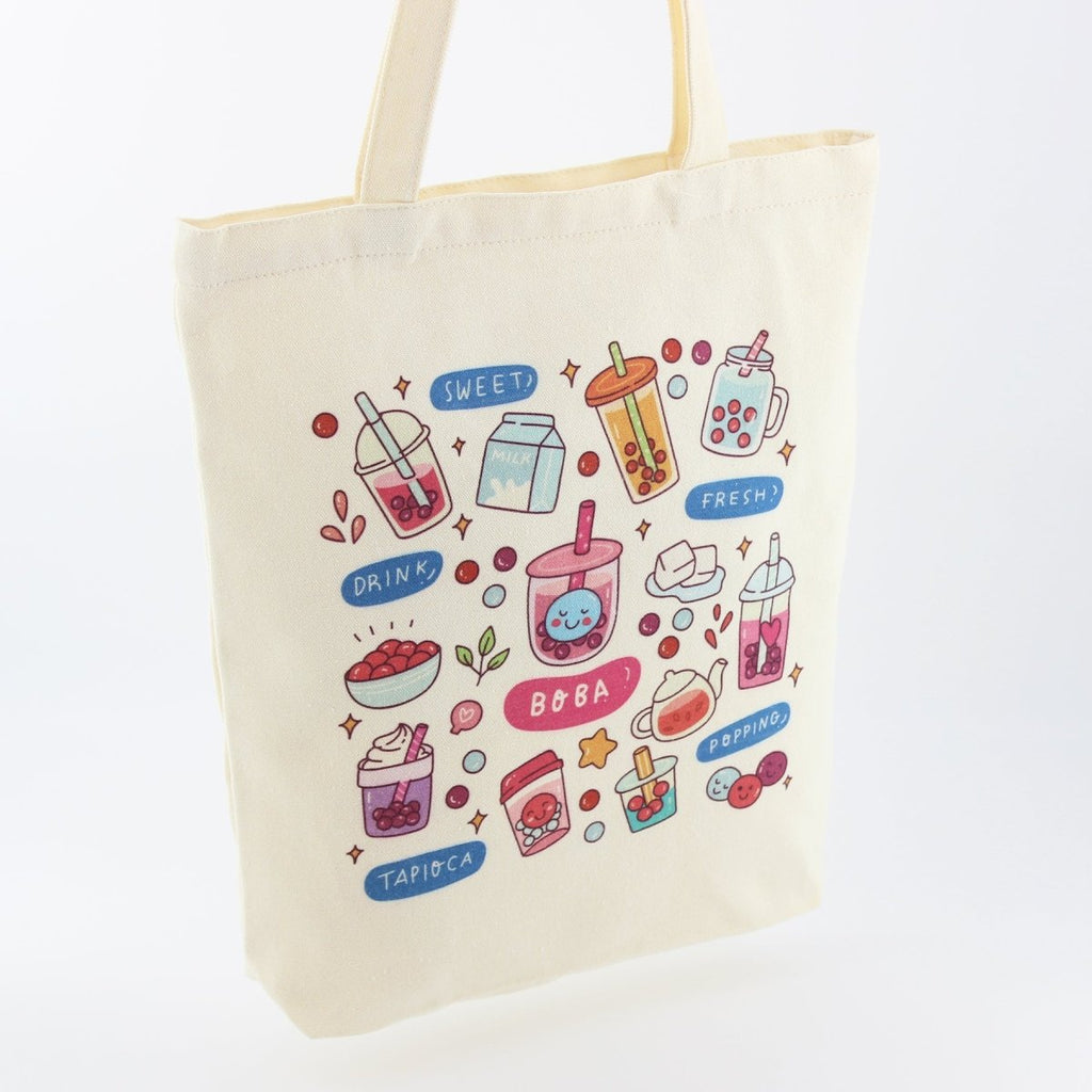 Cream Boba Tote – Canvas Bag with Enamel Pin & Keychain Gift
