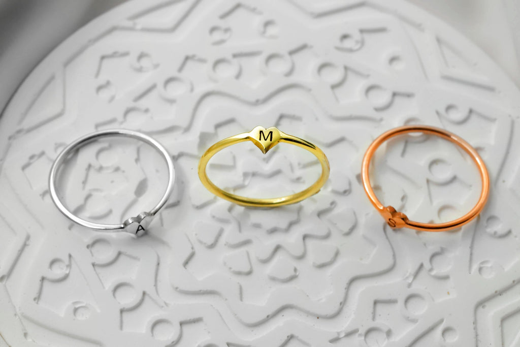 Tiny Heart Initial Ring | 10K Solid Gold & Sterling Silver | Custom Personalized Jewelry