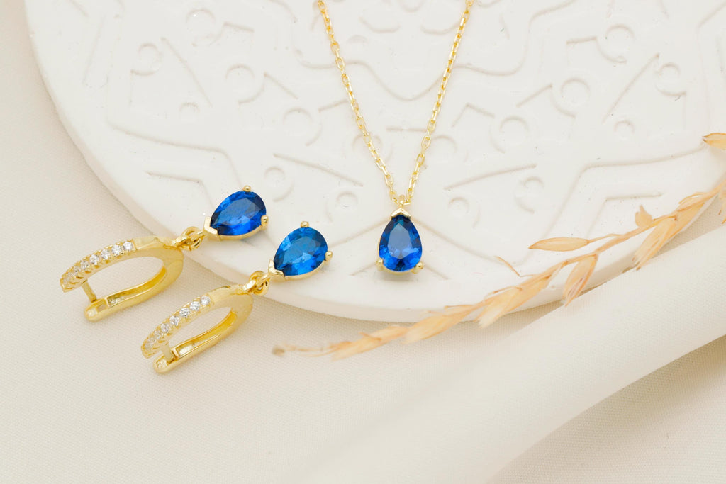 14K Gold Sapphire Jewelry Set - Elegant Sterling Silver Drop Earrings & Necklace for Timeless Style