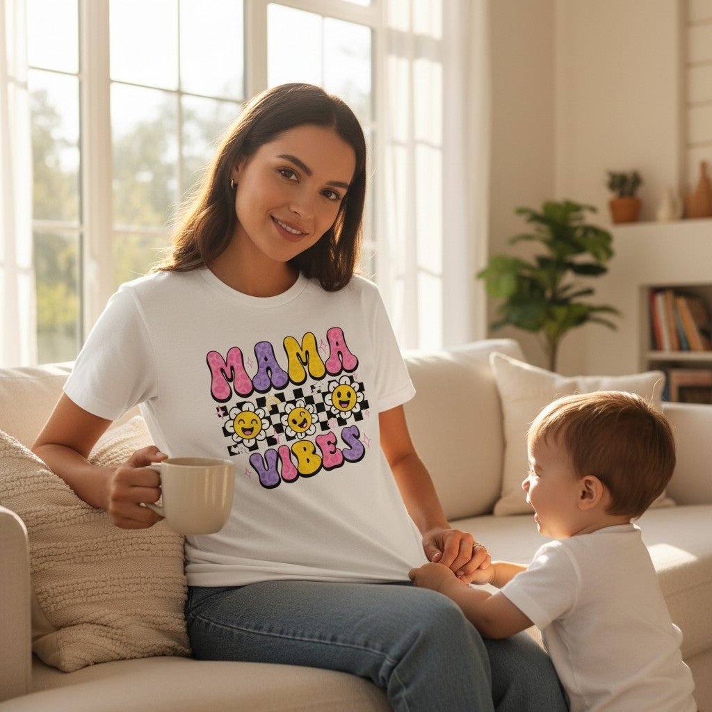 Mama Vibes Graphic T-Shirt 100% Ring-Spun Cotton Crewneck Short Sleeve