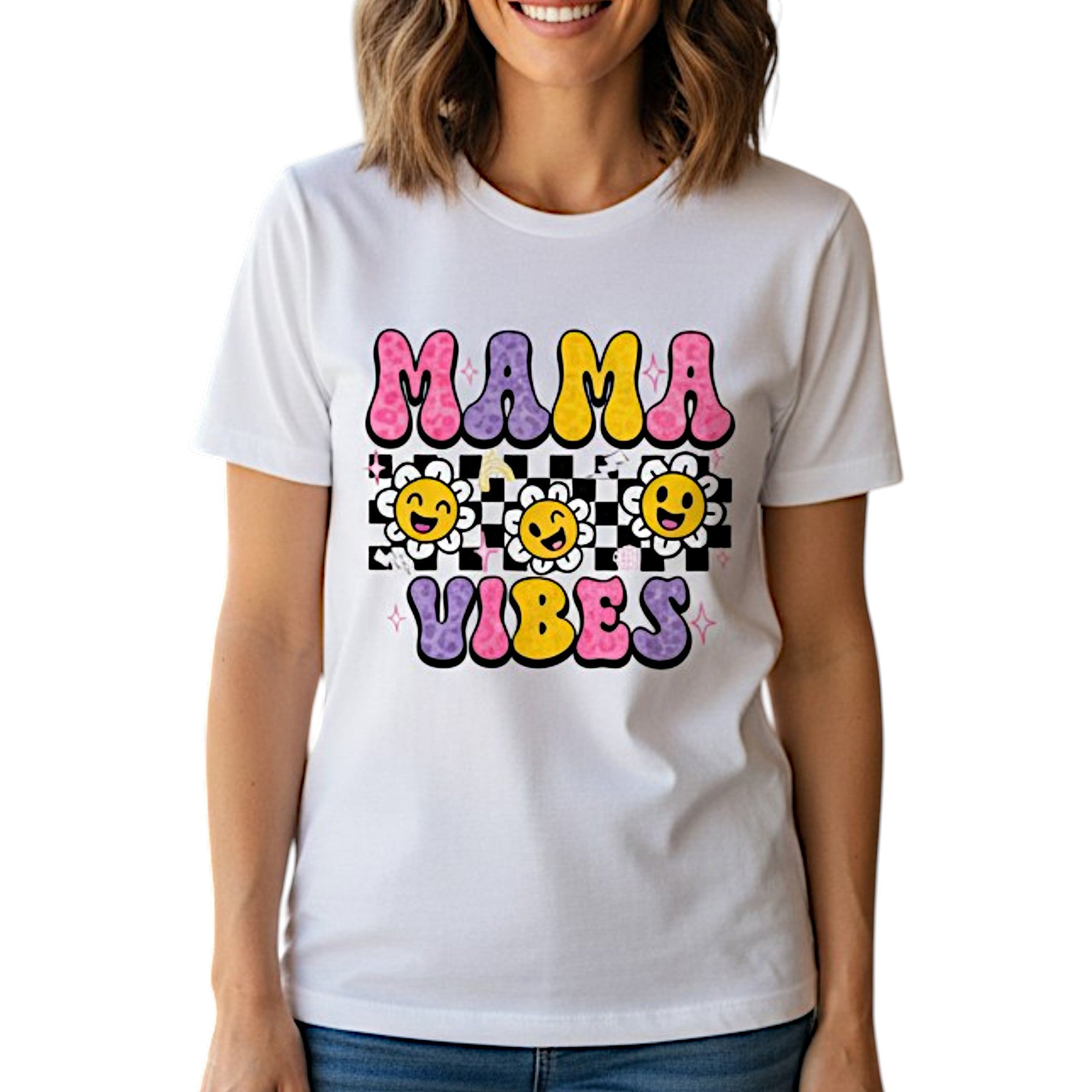 Mama Vibes Graphic T-Shirt 100% Ring-Spun Cotton Crewneck Short Sleeve