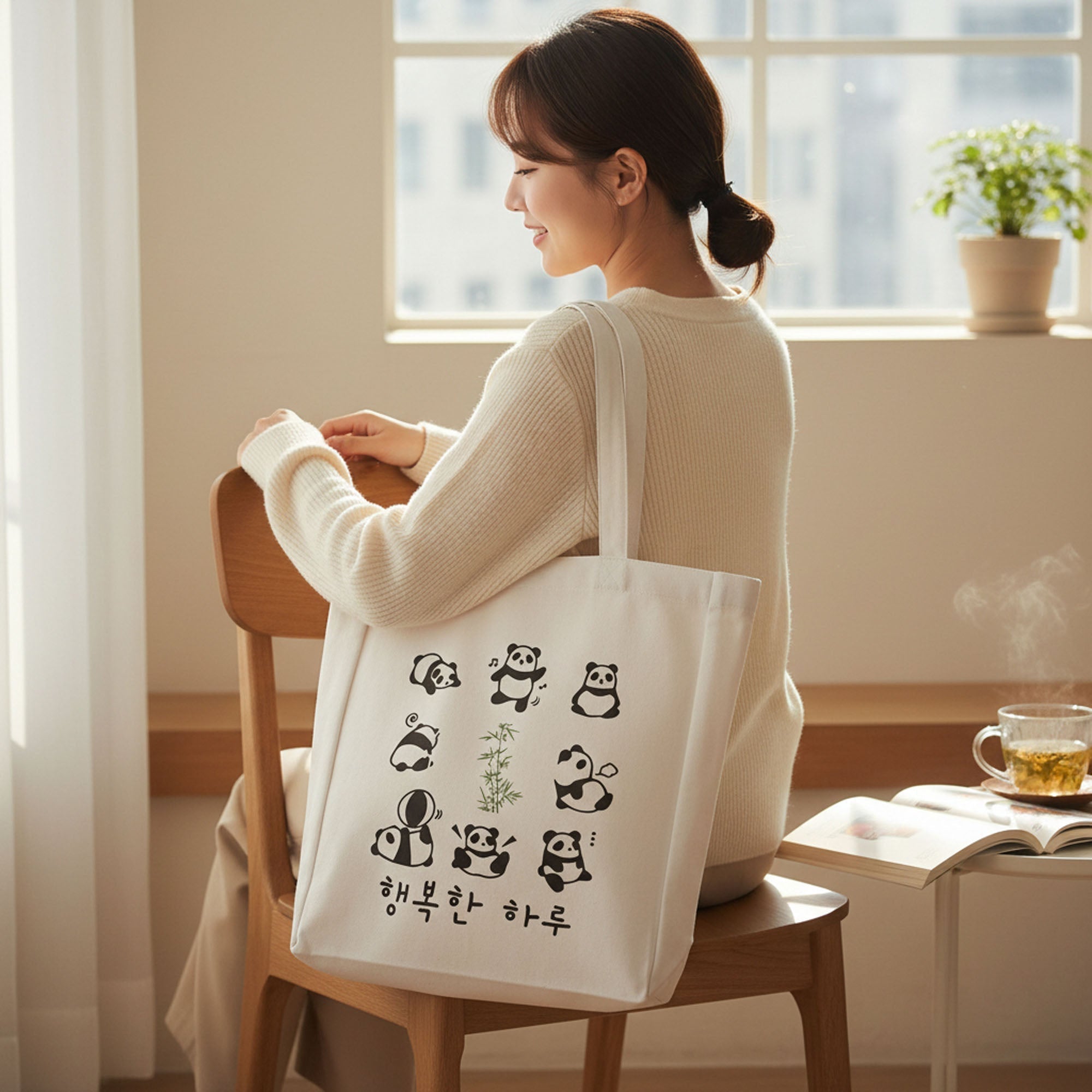 Panda Tote Bag Reusable Eco Flannel Shopping Bag with Zipper Closure