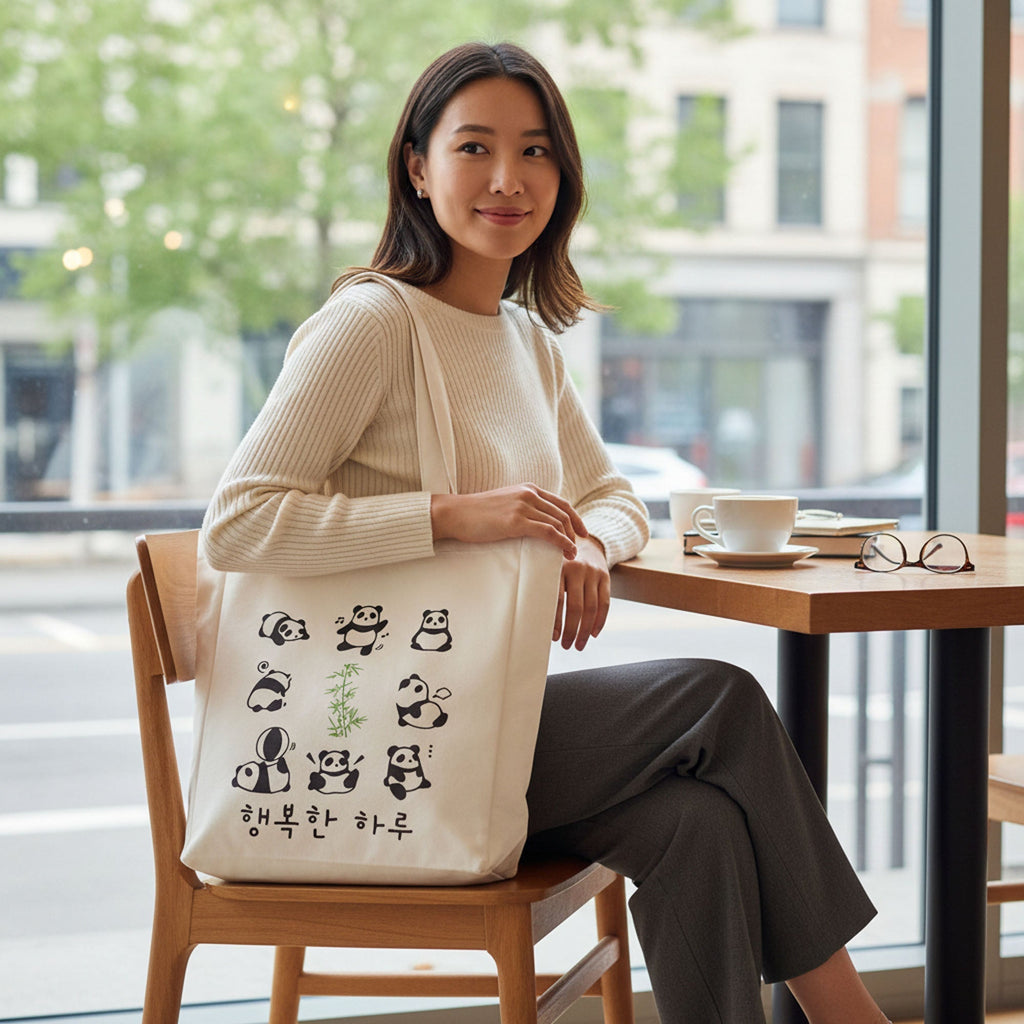 Panda Tote Bag Reusable Eco Flannel Shopping Bag with Zipper Closure