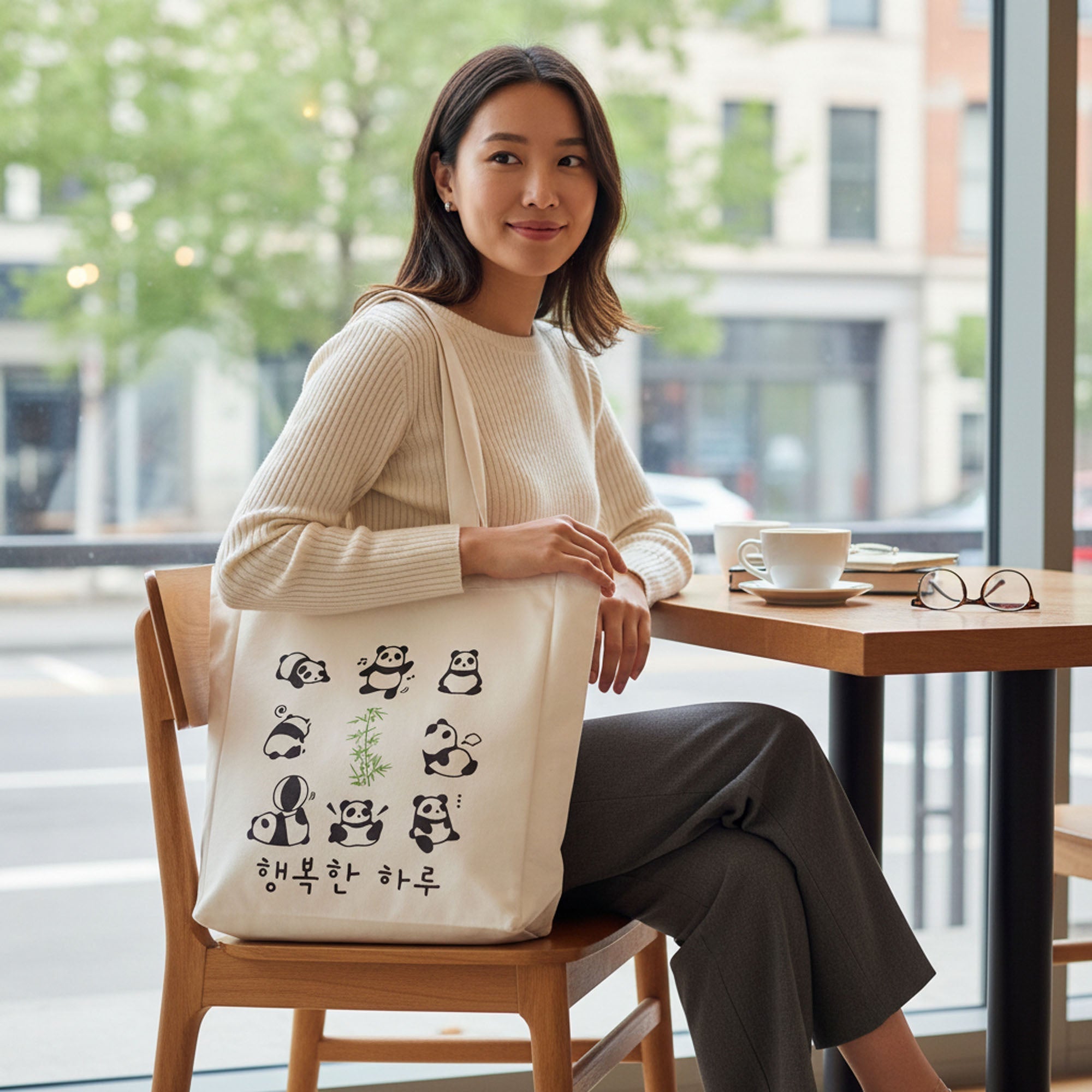 Panda Tote Bag Reusable Eco Flannel Shopping Bag with Zipper Closure
