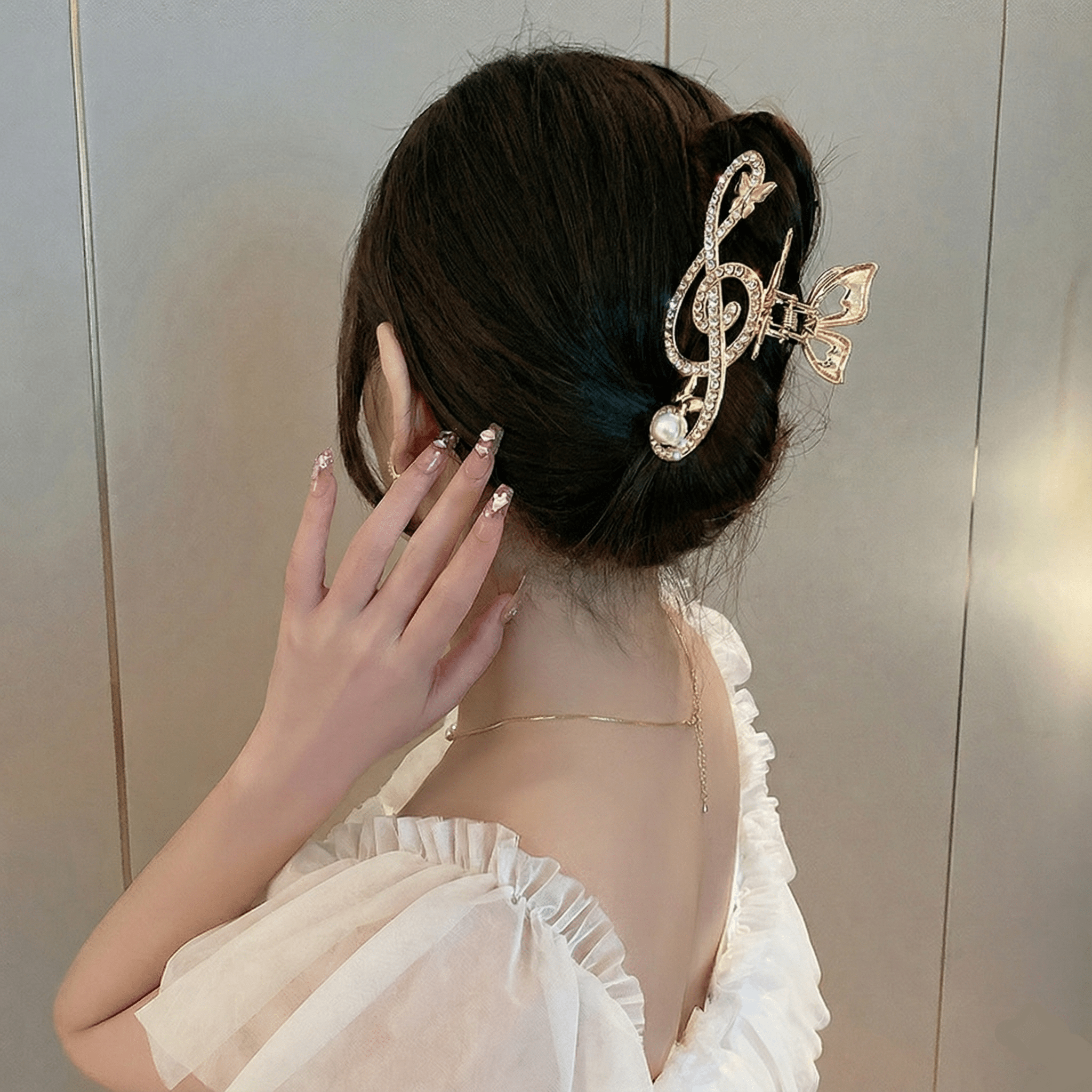 Gold-Tone Treble Clef Hair Clip Rhinestone Music Barrette