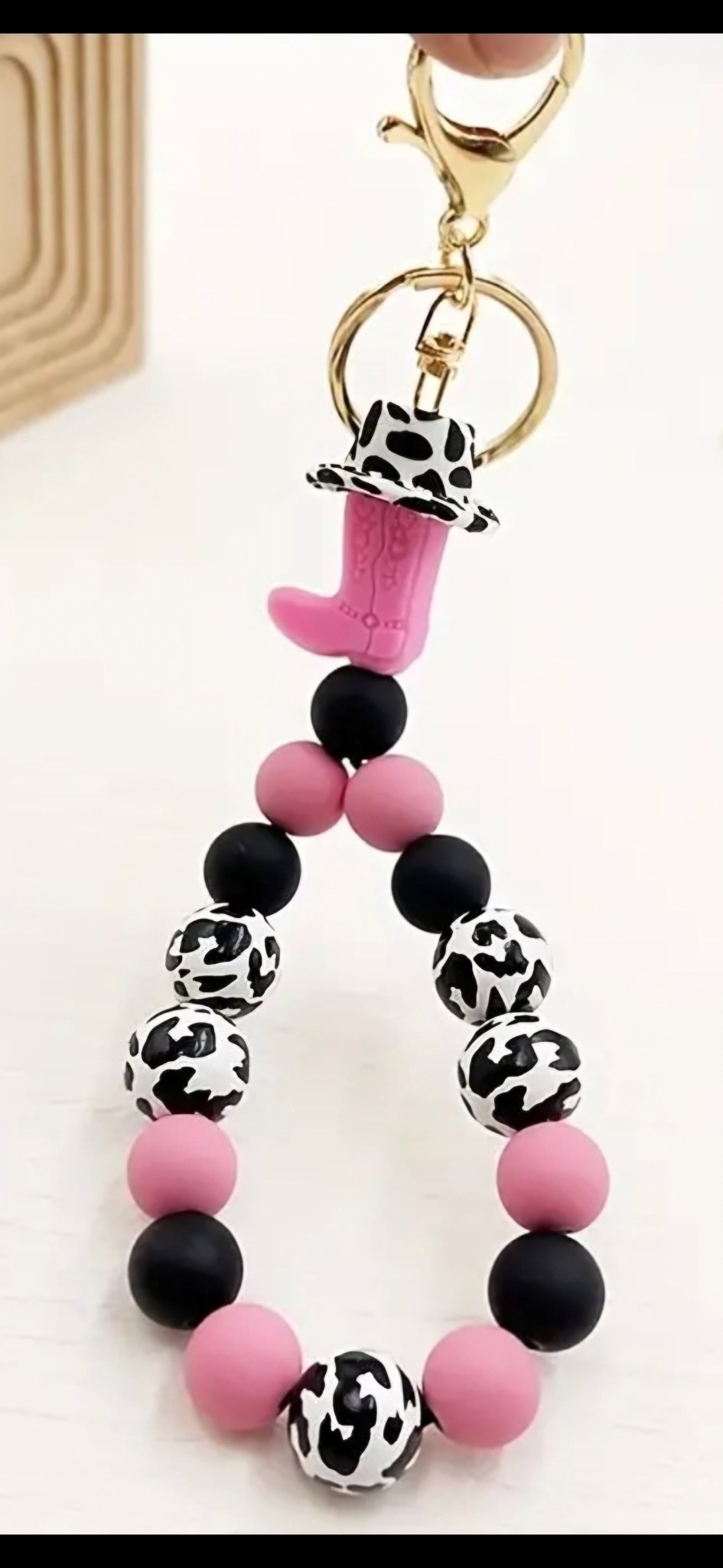 Western Cow Print Silicone Beaded Wristlet Keychain Bracelet