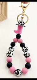 Western Cow Print Silicone Beaded Wristlet Keychain Bracelet