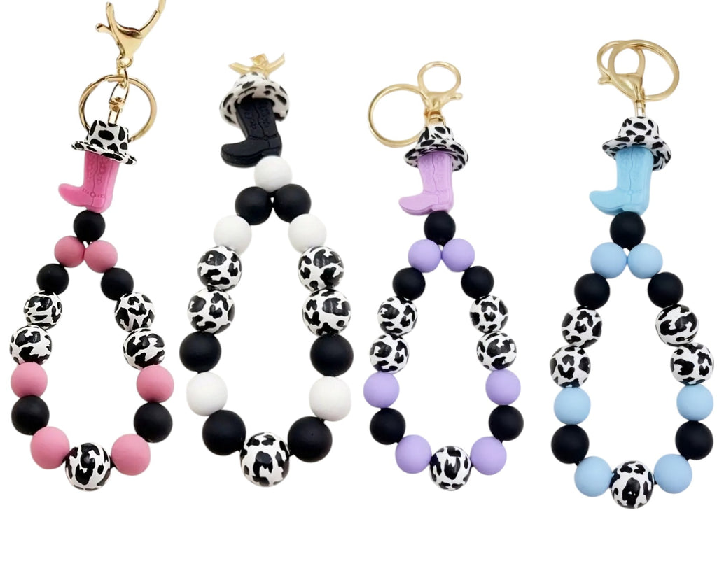 Western Cow Print Silicone Beaded Wristlet Keychain Bracelet